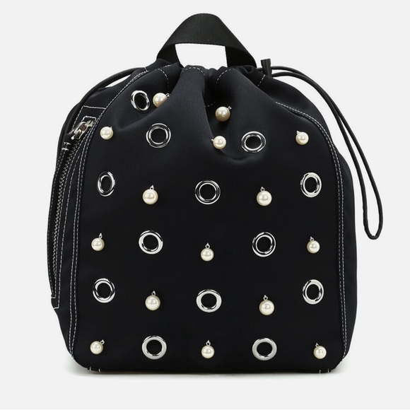 3.1 Phillip Lim Go-Go Faux Pearl and Eyelet Black Satin Drawstring Backpack - Picture 1 of 6